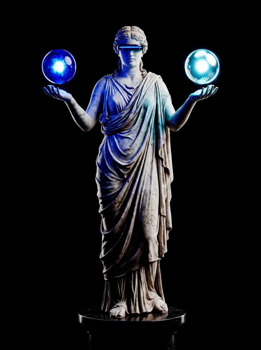 Estatua sosteniendo dos esferas de luz, una azul y una celeste, que representan Meta Ads y Google Ads